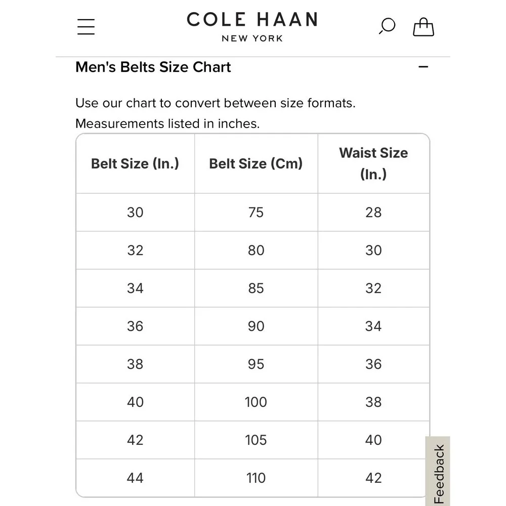 Cole Haan Belt Mens 40 Cognac Brown Leather Contrast Stitching Silver Buckle